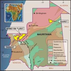 الخريطة الجيولوجية الموريتانية وأماكن تواجد شركة راد باك (المصدر Red Back Mining INC, Canada )